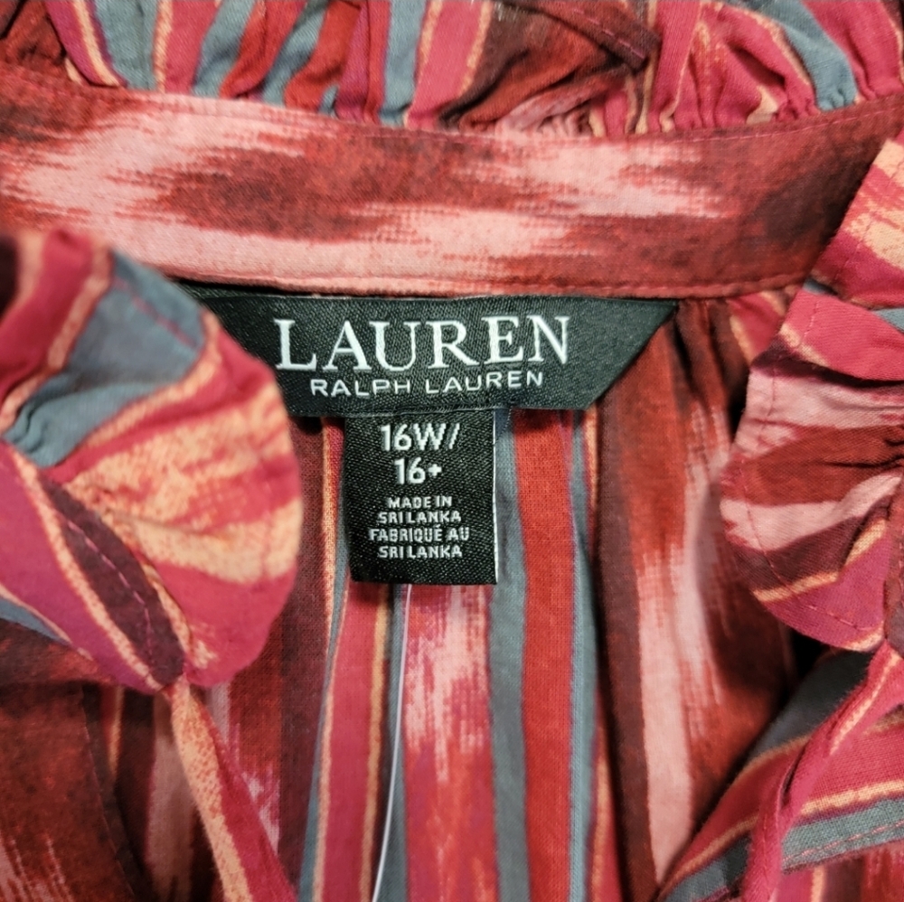 LAUREN Ralph Lauren Geo-Stripe Belted Cotton Voile Dress Red Women’s Size 16 NWT - Picture 5 of 16